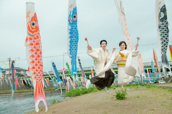 新潟県三条市　長岡市　新潟市　結婚式場　前撮影　ウェディングフォト　鯉のぼり　加茂川　打掛け　和装　出張