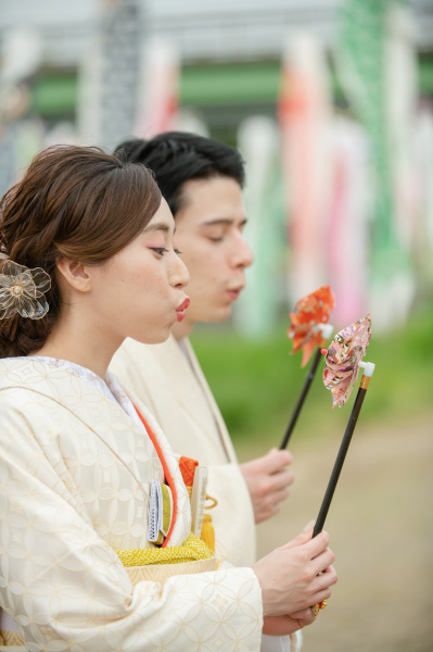 新潟県三条市　長岡市　新潟市　結婚式場　前撮影　ウェディングフォト　鯉のぼり　加茂川　打掛け　和装　出張