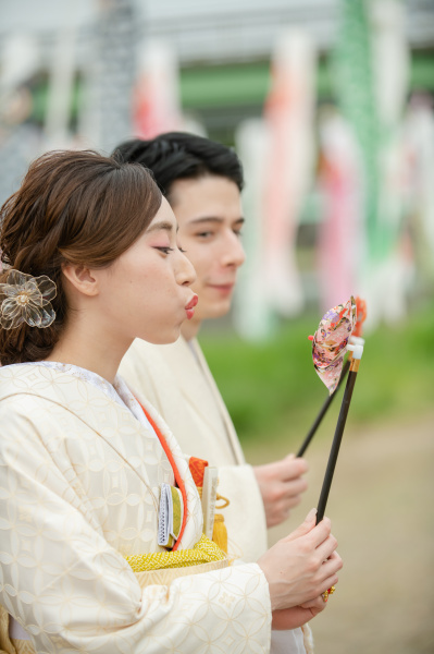 新潟県三条市　長岡市　新潟市　結婚式場　前撮影　ウェディングフォト　鯉のぼり　加茂川　打掛け　和装　出張